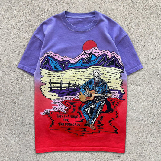 Kurzärmliges T-Shirt mit Farbverlauf und Totenkopf Grafik