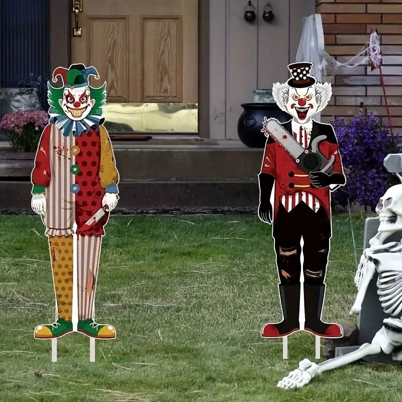 2set Halloween Outdoor Decorations - Scary Clown Yard Logo with Stakes for Lawn & Garden Party Decoration