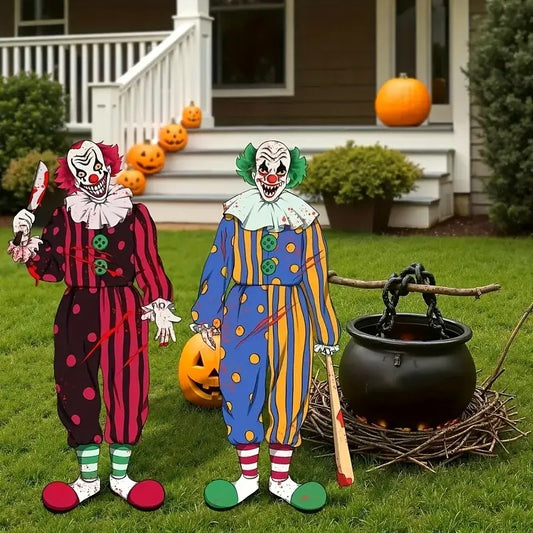 2pcs Halloween Outdoor Decorations - Horror Clown Yard Sign with Wooden Stake